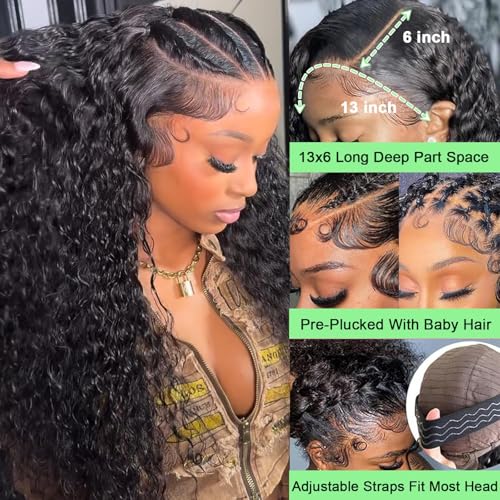 Image of Vnrtkkn 13x6 HD Deep Wave Lace Front Wigs Human Hair Glueless Wigs Human Hair Deep Wave Wig 28 Inch Lace Frontal Wigs Human Hair Deep Wave Wigs for Women Pre Plucked Curly Wig