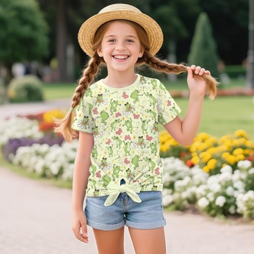 Kawaii Girls Tie Front Top Summer Short Sleeve T Shirts School Crewneck Tees for Kids 5-12Y4