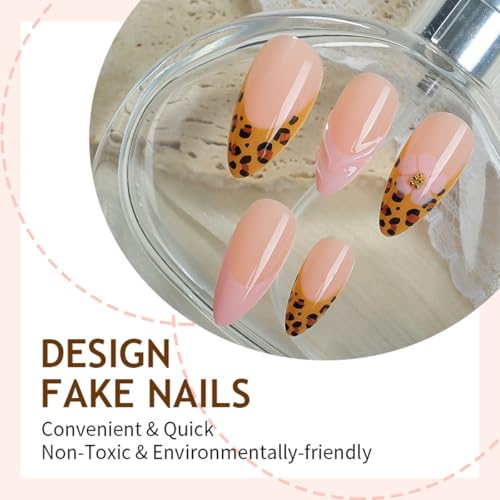 Image of French Tip Press on Nails Leopard Print Fake Nails Pink False Nail With 3D Stripe Design Flower Glue on Nails Glossy Acrylic Full Cover Medium Almond Stick on Nail for Women 24Pcs