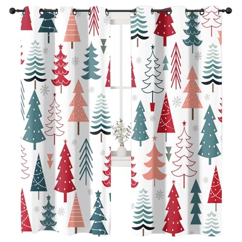 Arttown Christmas Blackout Curtain Winter Xmas Tree Snowflake Pattern Winter Xmas Tree Holiday Bathroom Decor 42 W x 63 L (2 Panels)