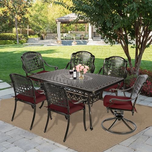 Image of MEETWARM 7-Piece Outdoor Patio Dining Set, All-Weather Cast Aluminum Patio Conversation Set with 4 Stationary, 2 Swivel Rocker Chairs, 1 Rectangular Table, 6 Cushions, 2 inch Umbrella Hole, Chili Red
