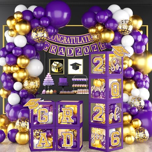 Graduation Decorations Class of 2026 Purple and Gold Graduation Decorations 2026 Purple Boxes Balloon Arch with Letters So Proud of You Grad 2026 for Memorable College Graduation Party Supplies