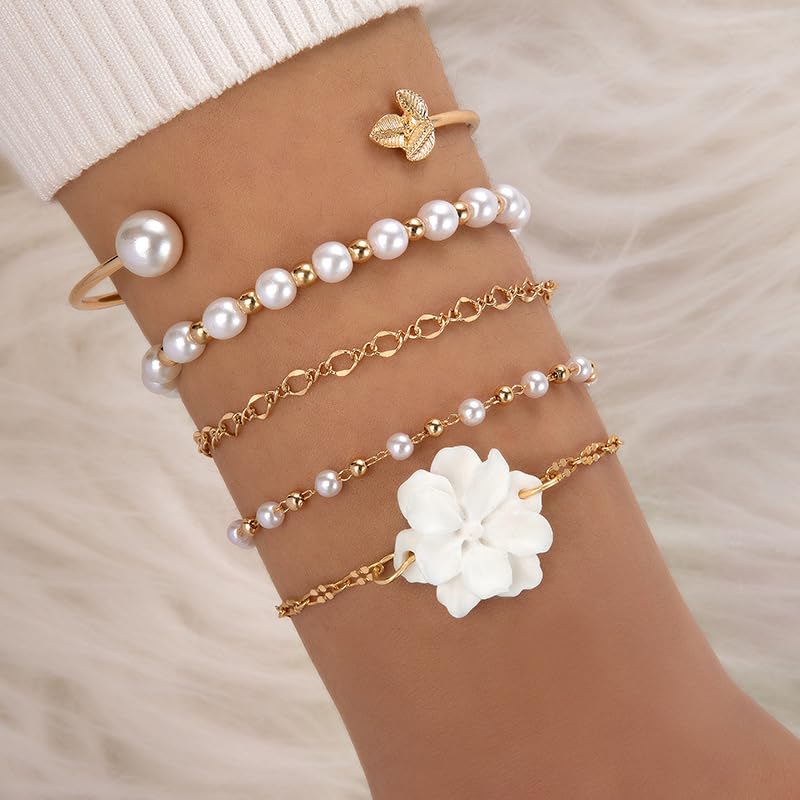 GIGB PBDK 5 Pcs Set Gold Floral Pearl Bracelet for Women, Leaves White Flower Petal Layered Bangles, Pearls Beads Adjustable Chain Link Bracelet, Trendy Jewelry Gifts3