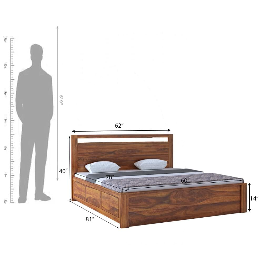Image of Ganpati Arts Solid Sheesham Wood Jaipur Queen Size Bed with Box Storage | Wooden Double Bed Cot Palang Furniture for Bedroom Living Room Home and Hotel (Natural Finish) 1 Year Warranty