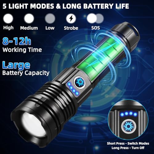 Flashlights High Lumens Rechargeable, Super Bright Flashlight, Adjustable Tactical Flashlight, 5Mode Flash Light High Powered, Waterproof LED Flashlight for Camping, Hiking, Home, Emergencies - Image 4
