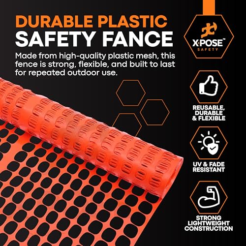 Image of Xpose Safety Plastic Mesh Safety Fence - Heavy Duty Orange Temporary Garden Fence & Snow Fence, 4' x 50' Reusable Barrier Netting for Animal Control, Deer, Dogs, Construction