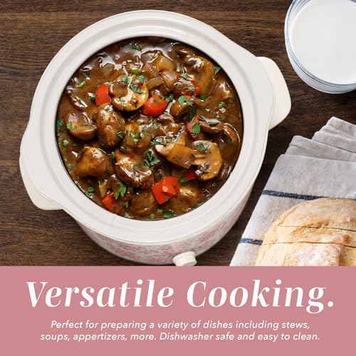 Image of COOK WITH COLOR 2QT Mini Electric Round Slow Cooker - Adjustable Settings, Removable Stoneware Pot, Tempered Glass Lid, Dishwasher Safe, Cool-Touch Side Handles, Floral Pink