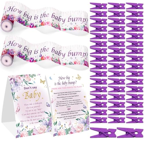 Weecent Butterfly Baby Shower Games Sign How Big is The Mommy's Tummy and Don't Say Baby, 2 Tummy Measure Rolls and 50 Mini Clothespins, Butterfly Decorations Party Favors Supplies