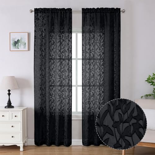 Lecloud Leia Lot de 2 Rideaux Transparents Jacquard Noirs de 243,8 cm de Long – Voilage texturé à Clips avec Double Passe-Tringle, Motif Feuilles de Ferme, pour...