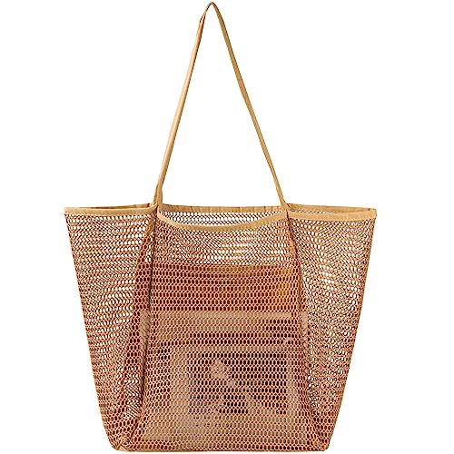 Tavaleu Bolsa de praia de malha, bolsas de praia para mulheres, sacola de praia de palha de tecido impermeável com bolso interno, bolsa de praia embalável, Caqui, One Size