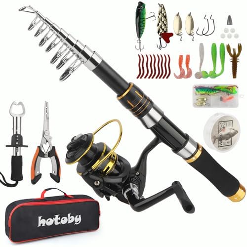 Fishing Pole Combo Set, 6.89ft Fishing Rod and Reel Combo, Carbon Fiber Telescopic Fishing Rod Kit with Spinning Reel, Fishing Pliers, Lip Gripper, Line, Lures for Beginner Angler