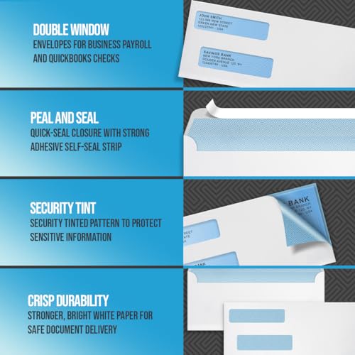 Compuchecks Double Window Envelopes #8- Peel and Seal Strip, Security Business Mailing Check Envelopes - Tamper Evident, Security Tint - 500 Count – Guaranteed to fit QuickBooks Checks
