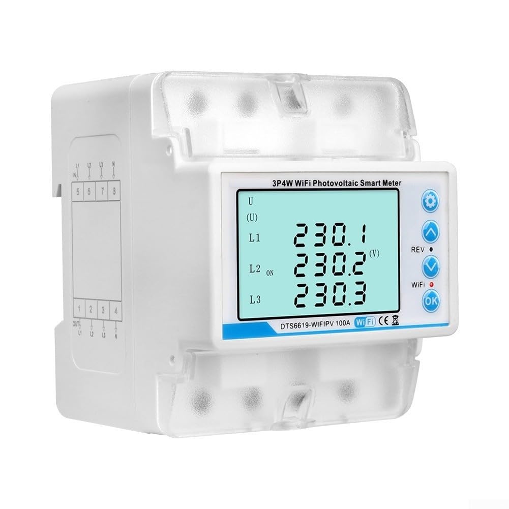 Medidor de energía WiFi trifásico con seguridad fotovoltaica, sobre/bajo voltaje y pérdida de fase, blanco 8.95x7.5cm