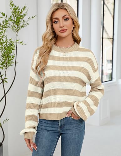 Image of Libsorge Womens Oversized Lightweight Cute Striped Cropped Sweater Spring 2025 Knitted Crew Neck Thin Crop Pullover Tops