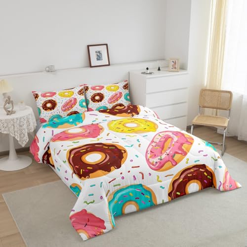 Image of Feelyou Girly Cute Comforter Set Sweet Donuts Bedding Set for Kids Boys Girls Chocolate Doughnut Cream Comforter Cute Whimsical Dessert Decor Quilt Set with 1 Pillowcase 2Pcs Bedding Twin