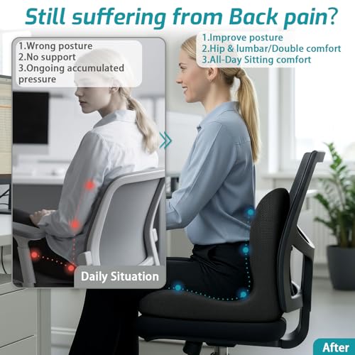 Image of Memory Foam Seat Cushion,Office Chair Cushion with Lumbar Support for Back Pressure Relief, Car Seat Cushion with Adjustable Strap,Sciatica Pad Cushions for Car,Truck, Desk,Gaming Chair