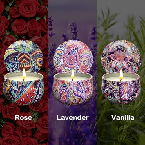 3 Pack Home Scented Candles - Strong Lavender, Vanilla & Rose Candle, 2.5 Oz, 100% Soy, Non-toxic, Small Candle Set for Aromatherapy & Gifts