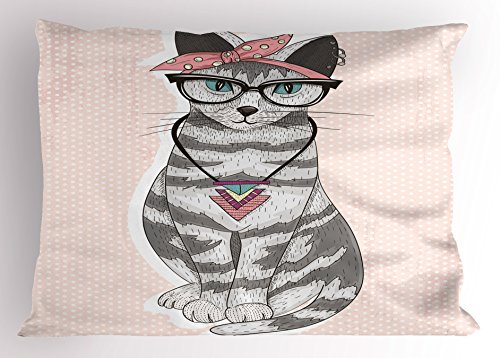 Ambesonne Cat Pillow Sham, Pop Art Vibes Kitty Illustration with Glasses on Blushy Tone Polka Dotted Backdrop, Decorative Standard Size Printed Pillowcase, 26