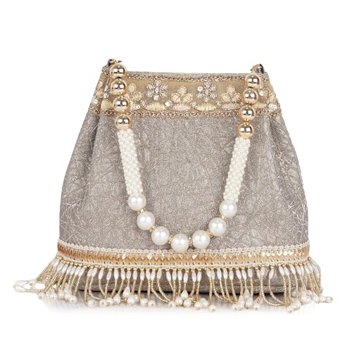 Image of Nevis PU Silk Fabric Women's Embellished Potli Bag with Pearl Handle & Fringe Detailing | Designe Wedding & Festive Handbag