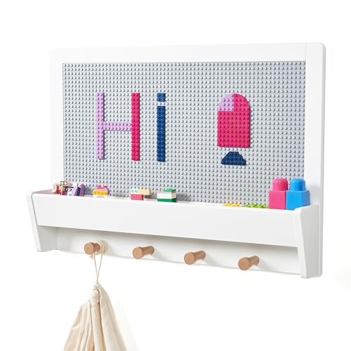 UTEX 2 in 1 Building Block Wall for Lego, Activity Wall Panel for Kids with Shelf and Hooks, Wood Wall Shelf for Kids Room, Playrooom, Nursery