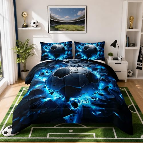 Image of Nttopship Soccer Bedding Comforter Set Full Size for Kids Teens and Adults, Blue Black Football Printed Bedding Sets 3 PCS,Ball Sports Themed Bedroom Decor with 1 Comforter and 2 Pillowcases
