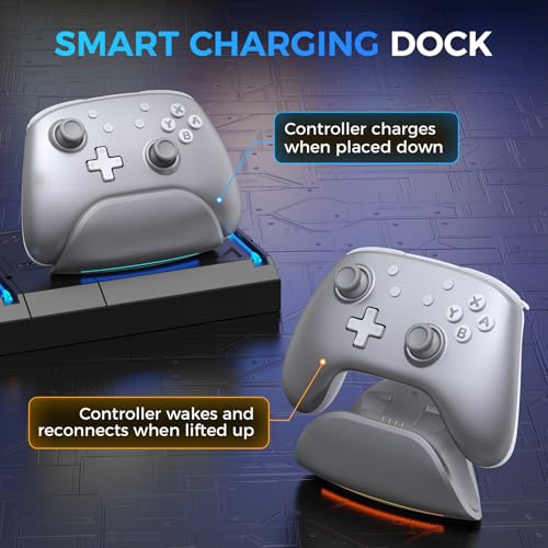 Image of IINE Wireless Pro Controller with Charging Dock, PC Controller with Macro /Turbo /Rumble /NFC /Motion Sensor Function, Multi-Platform Gamepad Compatible with Switch /PC /Steam /Phone /Tablet (Bright Silver)