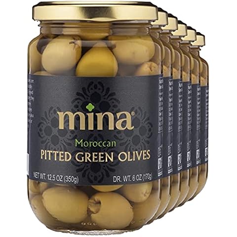Mina Green Olives Pitted, 12.5 oz (Pack of 6) - Delicious Pitted Green Olives, Keto and Paleo Snack, Premium Hand Picked Olives, Naturally Cured, Gluten Free, Low Carb, Vegan, Non GMO and Kosher Cover