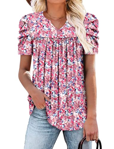 KISSMODA Tops for Womens Summer Cute Short Sleeve Shirts Trendy Notched Neck Blouses Casual Loose Pleated Tunics S-3Xl
