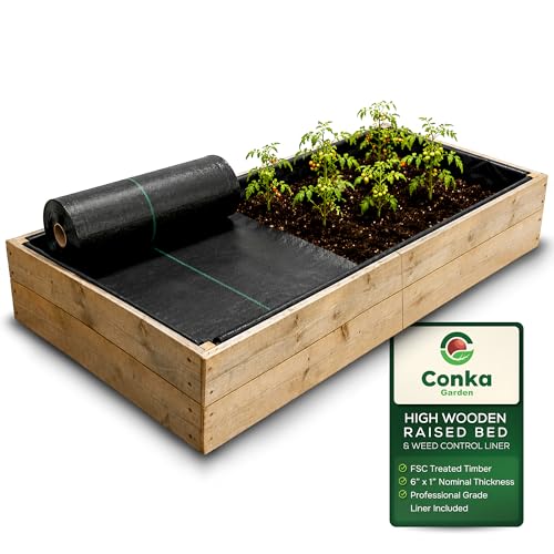 Conka Garden - Wooden Raised Bed Kit with Weed Control Liner - Large Garden Planters for Growing Vegetables Herbs Flowers & Fruit - Durable & Resistant FSC Treated Timber - 15cm x 30cm x 90cm
