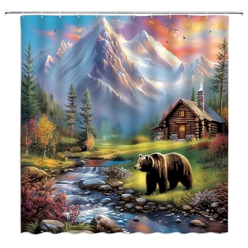 AMFD Rustic Bear Shower Curtain Cabin Wildlife Country Mountain Forest Lake Lodge Duck Farmhouse Fall Hunting Bathroom Curtains Decor Fabric Set Include Hooks,(70"" WX70 H), Brown Green