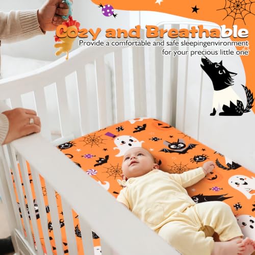 Image of JISEN Halloween Fitted Crib Sheets for Boys Girls 52x28 Inch Bats Ghosts