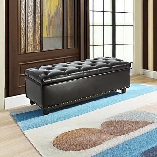 Image of BELLEZE Storage Ottoman, Tufted Ottoman with Close Hinge, Foot Rest for Living Room (Dark Brown, 47 inch)