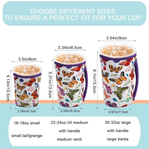 Image of KJQJLY 3 Pack Reusable Iced Coffee Sleeves for Iced Coffee Cups or Drinks Reusable Neoprene Insulated Sleeves for Hot and Cold Drinks from Starbucks, Dunkin, And More (White butterfly)