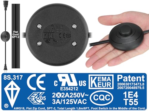 Image of 6ft /1.8m On /Off Extension Cord Foot Switch Pedal, Switch in Middle of Cord, 2-Prong Polarized Plug and Plug in Outlet AWG18 250VAC Step Switch Floor Lamp Christmas Tree Light Push Button Black
