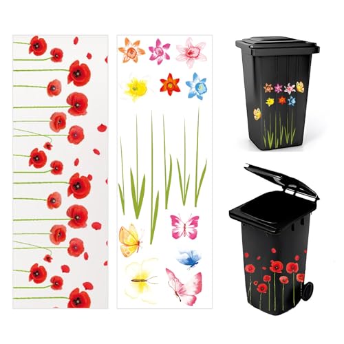 Sxutop 10 Sheets Wheelie Bin Flower Stickers Flower Dustbin Sticker Self Adhesive Wheelie Bin Stickers Butterfly Hummingbird Insect Pattern Bin Decorative Sticker For Bins Fridge Doors Wall