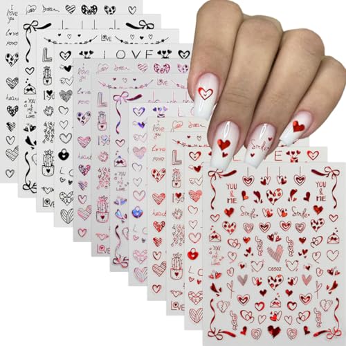 12 Sheets Valentines Nail Stickers 3D Heart Nail Stickers Self-Adhesive Valentines Day Nail Art Decal Romantic Love Heart Manicure DIY Nail Decorations for Women