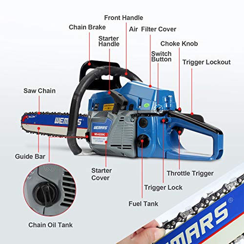 WEMARS 62cc Gas Chainsaw 20 Inch Power Chain Saws 2 Stroke Handed Petrol Chainsaws Gasoline Chain Saw Garden Tool for Cutting Wood Outdoor Home Farm Use