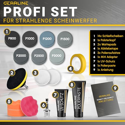 GEARLINE® Scheinwerfer Aufbereitung Set [24 Teile] - Polierset für matte & blinde Scheinwerfer - Inkl. UV-Schutz, Polierpaste, Adapter & 14 Schleifscheiben - Auto Polierset zur Aufbereitung