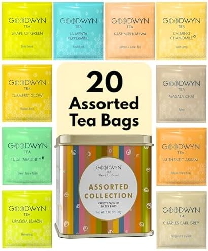 Goodwyn Assorted Herbal Tea Sampler Gift Box (20 Tea Bags) – 10 Flavors x 2 Each | Tulsi, Kahwa, Turmeric, Assam, Green, Lemon, Earl Grey, Masala, Chamomile, Peppermint | Reusable Tin Can