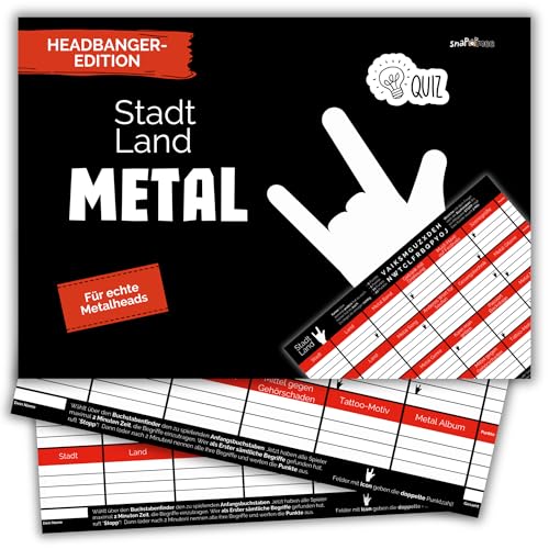 Stadt Land Fluss Metal Edition by snaPmee - Spiel + Geschenk für Heavy Metal Fans - Das Metalhead-Quiz - 50 Blatt Din-A4