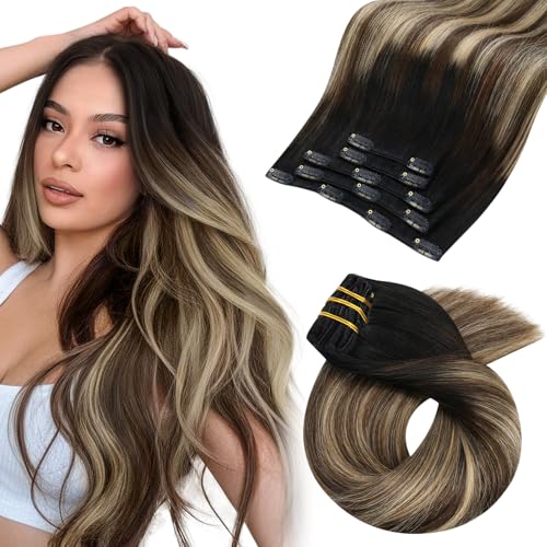 Image of Moresoo Clip in Hair Extensions Real Human Hair Balayage Black to Dark Brown with Caramel Blonde 5pcs 80g Remy Straight Invisible Lace Double Weft Human Hair Clip in Extensions 22inch