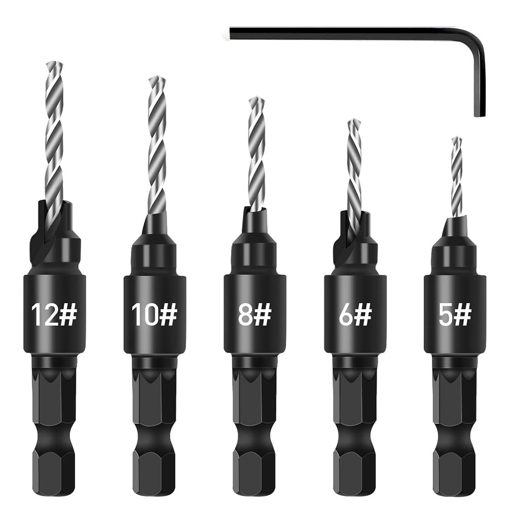 Juego de 5 brocas avellanadoras para carpintería, 1/4" HSS con avellanador, para tornillos #5-12, con llave en L