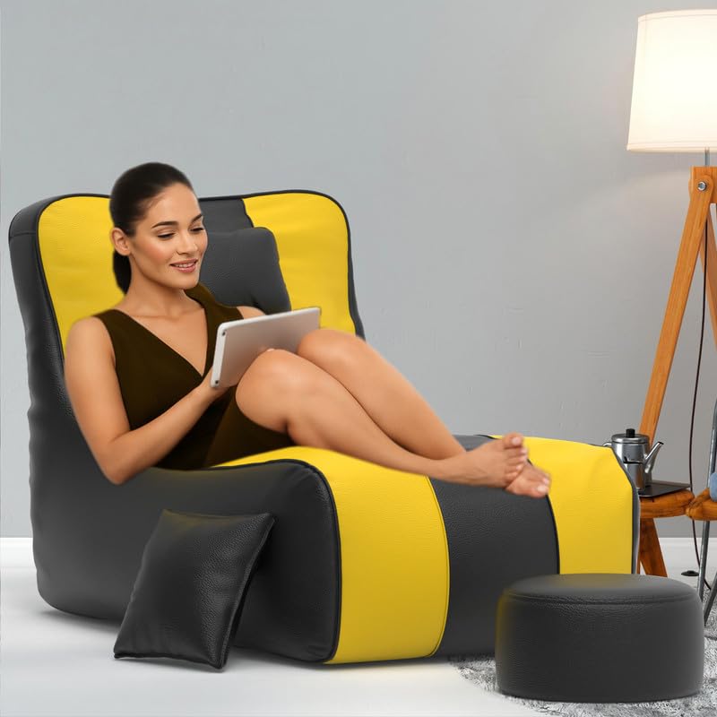 Biggie Bean Bag Chair 6XL with Beans Filled-Zuno Lounger-Laziness Pro Max-Crafted for Comfort-Styled for Elegance with Free Cushion & Footrest (Matching Color : Regular, Black Yellow)