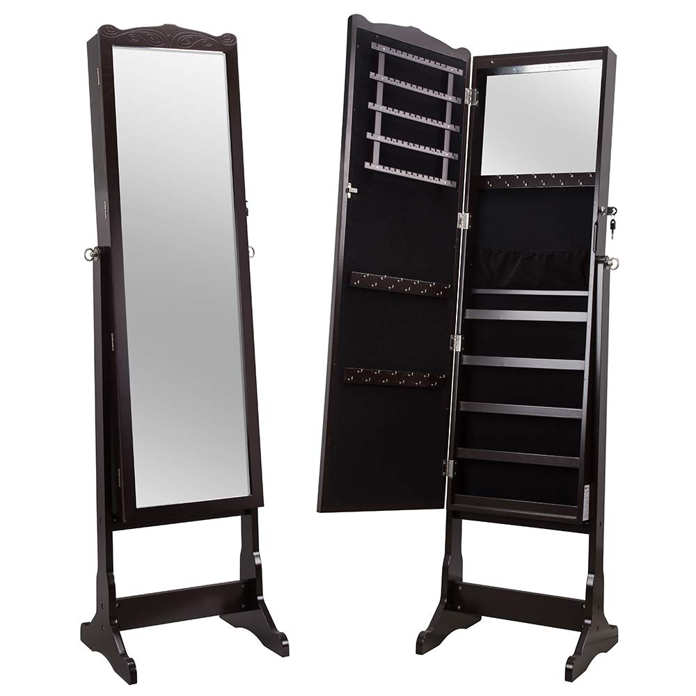 Mirror Jewellery Cabinet, Standing-up Jewelry Armoire Dressing Mirror Lockable Wardrobe with LED Lit Jewellery Accessories Storage Organizer Ornament for Rings/Earrings/Bracelets/Necklaces