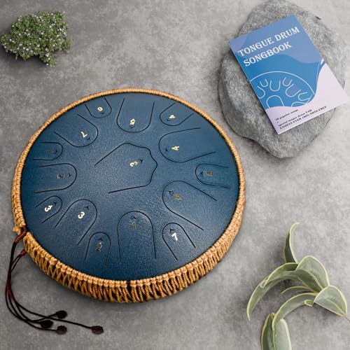 Image of Steel Tongue Drum-QingShi 15 Notes 14 Inch Steel Drum Instrument for Adults, Steel Handpan Drums with Handpan Drum Mallet, Music Book and Carry Bag, C Major (Navy Blue)