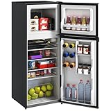 HOMCOM 4 Cu.Ft Mini Fridge with Freezer, Double Door Compact Refrigerator with Adjustable Thermostat, Shelf and Reversible Door for Bedroom, Dorm, Home Office, Energy Efficient, Black