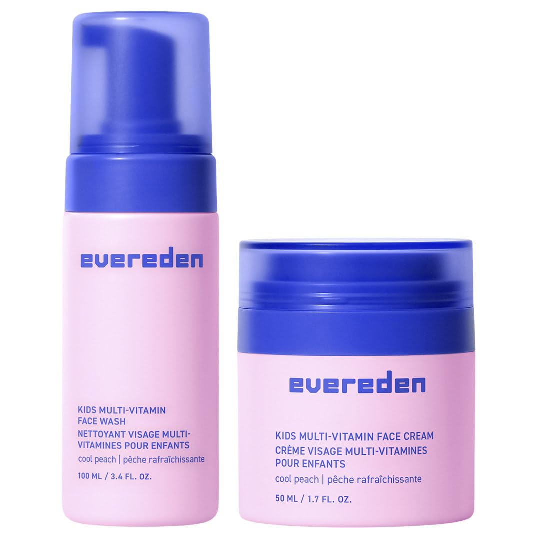 Evereden Kids Happy Face Duo (Cool Peach) - Multi-Vitamin Face Wash & Face Cream Set - Clean & Vegan Skin Care for Kids 3+ - Moisturizing, Nourishing, & Protective Skin Care Set