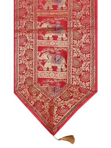 Image of Banarasi Brocade Zari Silk Table Runner Dinning & Centre Table Runner 177 By 30 CM (Red, Elephant)