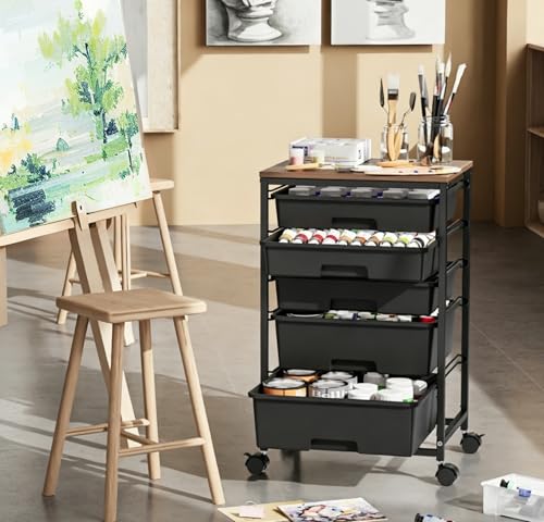Image of SYKIARIOL 5-Tier Rolling Utility Storage Drawer Craft Cart on Wheels with Wooden Tabletop, Mobile Craft Storage Drawer Cart Trolley for Home Office, Classroom, Craft Room & Kid Room, Black
