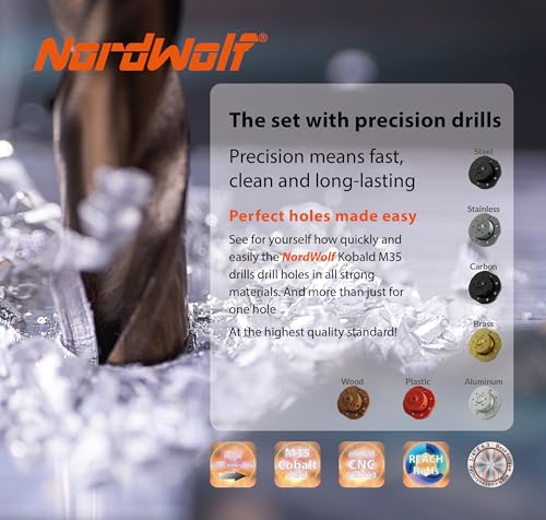 NordWolf 5-Piece M35 Cobalt Stubby Drill Bit Set for Stainless Steel & Hard Metals, with 1/4" Hex Shank for Quick Chucks & Impact Drivers, SAE Sizes 3/32"-1/8"-3/16"-1/4"-5/16" in Storage Case